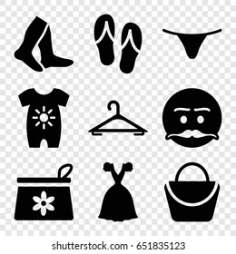 Fashion icons set. set of 9 fashion filled icons such as baby onesie, hanger, make up bag, woman bag, socks, female underwear, dress, emot with mustache