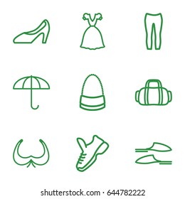 Fashion icons set. set of 9 fashion outline icons such as bra, slippers, bag, woman pants, dress, woman shoe, sport bag, trainers