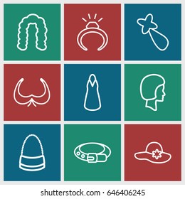 Fashion icons set. set of 9 fashion outline icons such as hairstyle, ring, bra, woman hat, belt, hair barrette, dress, bag