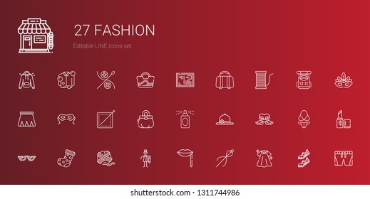 fashion icons set. Collection of fashion with dress, needle, lips, bast, yarn ball, sock, glasses, swans, pamela, perfume, purse, sewing. Editable and scalable fashion icons.