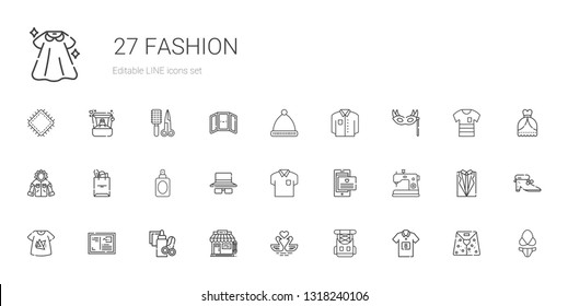fashion icons set. Collection of fashion with football jersey, rucksack, swans, barbershop, handcraft, letter, tshirt, sewing machine, shirt. Editable and scalable fashion icons.