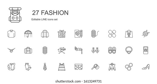 fashion icons set. Collection of fashion with hoodie, bag, boxers, paper bag, tie, trousers, shirt, sandals, earrings, eye mask, ironing. Editable and scalable fashion icons.