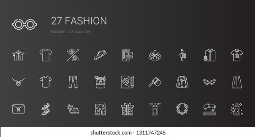 fashion icons set. Collection of fashion with necklace, perfume, supermarket gift, swim suit, iron, shoes, letter, suit, bag, ring, jeans. Editable and scalable fashion icons.