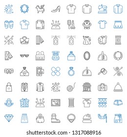 fashion icons set. Collection of fashion with paper bag, eye mask, iron, necklace, boots, purse, skirt, diamond, shorts, glasses, shirt, thread. Editable and scalable fashion icons.