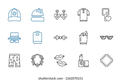 fashion icons set. Collection of fashion with patch, lipstick, kiss, necklace, swim suit, glasses, paper bag, bow tie, luggage, sunglasses. Editable and scalable fashion icons.