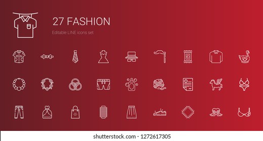 fashion icons set. Collection of fashion with patch, sneakers, skirt, thread, shopping bag, wedding dress, jeans, letter, yarn ball, perfume. Editable and scalable fashion icons.