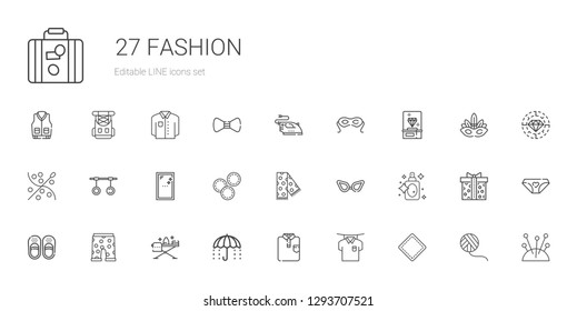 fashion icons set. Collection of fashion with patch, shirt, umbrella, ironing, swim suit, sandals, perfume, glasses, scarf, makeup remover wipes. Editable and scalable fashion icons.