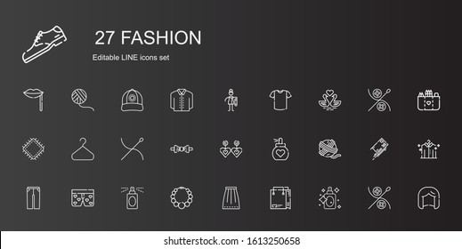 fashion icons set. Collection of fashion with perfume, shopping bag, skirt, necklace, boxers, trousers, yarn ball, earrings, bow tie, needle. Editable and scalable fashion icons.