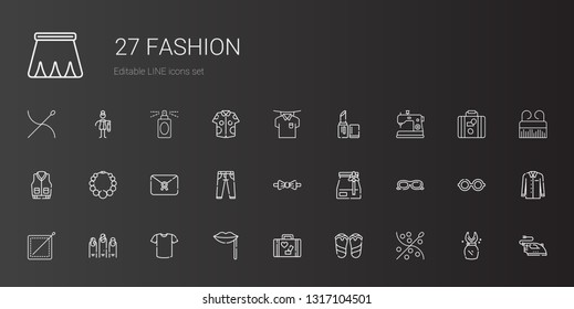 fashion icons set. Collection of fashion with sewing, flip flops, luggage, lips, shirt, nails, sunglasses, paper bag, bow tie, jeans, letter. Editable and scalable fashion icons.