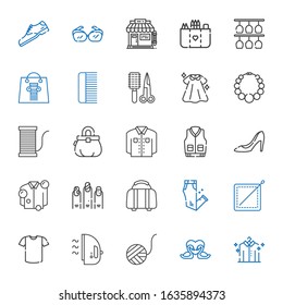 fashion icons set. Collection of fashion with shirt, swans, wool ball, iron, sewing, trousers, luggage, nails, high heels, jacket, purse. Editable and scalable fashion icons.