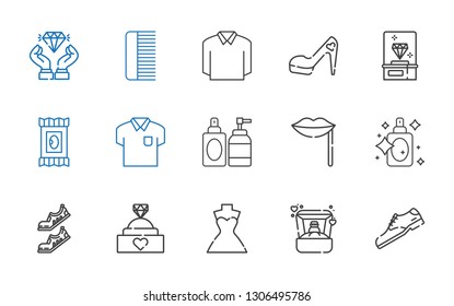 fashion icons set. Collection of fashion with shoe, ring, wedding dress, engagement ring, shoes, perfume, lips, shirt, makeup remover wipes. Editable and scalable fashion icons.