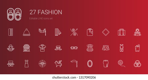 fashion icons set. Collection of fashion with skirt, mirror, mustache, pegasus, diamond, dress, sunglasses, pants, rucksack, eyeglasses, swans. Editable and scalable fashion icons.