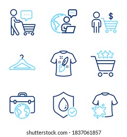 Fashion icons set. Included icon as Dirty t-shirt, Buyer think, Buyer signs. T-shirt design, Shopping rating, Businessman case symbols. Waterproof, Cloakroom line icons. Line icons set. Vector