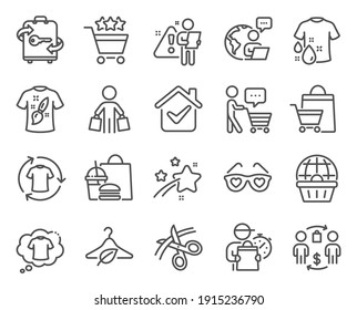 Fashion icons set. Included icon as T-shirt design, Buyer think, Wash t-shirt signs. Buyer, Change clothes, Luggage symbols. Slow fashion, Love glasses, Shopping rating. Sale bags. Vector