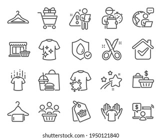 Fashion icons set. Included icon as Buyers, Sale bags, Dirty t-shirt signs. Scissors, Dry t-shirt, Online shopping symbols. Cloakroom, Waterproof, Shopping trolley. Clean towel, Sale tag. Vector