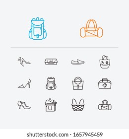 Fashion icons set. Kitten heel shoes and fashion icons with freezer bag, slip-ons and picnic basket. Set of apparel for web app logo UI design.