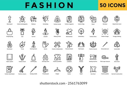 Fashion icons set with mannequin, photography, makeup, hairstyling, trends, magazine, fashion blog, retail, boutique, department store icon. Simple line vector 
