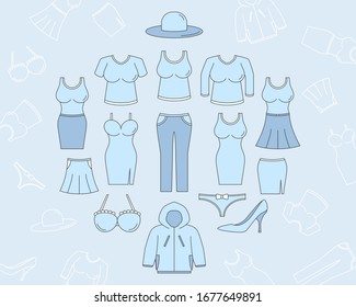Fashion Icons set - Vector color symbols and outline of women's clothing for the site or interface