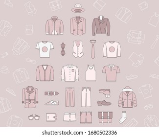 Juego de iconos de moda - Símbolos de color vectorial y contorno de la ropa masculina para el sitio o interfaz