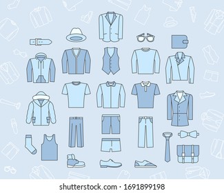 Juego de iconos de moda - Símbolos de color vectorial y contorno de la ropa masculina para el sitio o interfaz