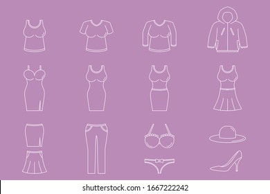 Fashion Icons set - Vector outline symbols of women's clothing for the site or interface
