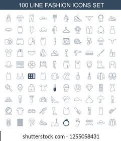 fashion icons. Trendy 100 fashion icons. Contain icons such as jacket, hat, mustache and glasses,  ring, nail polish, shoe, tie. fashion icon for web and mobile.