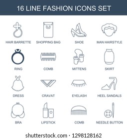 fashion icons. Trendy 16 fashion icons. Contain icons such as hair barrette, shopping bag, shoe, man hairstyle, ring, comb, mittens, skirt, dress. fashion icon for web and mobile.