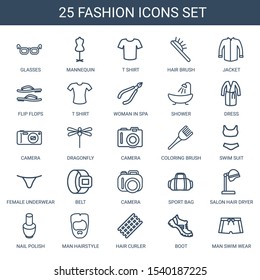 fashion icons. Trendy 25 fashion icons. Contain icons such as glasses, mannequin, T shirt, hair brush, jacket, flip flops, woman in spa, shower. fashion icon for web and mobile.