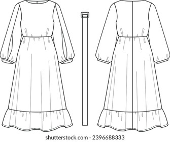 Fashion illusration. Dress with buff sleves, ruffles and belt. Technical drawing.