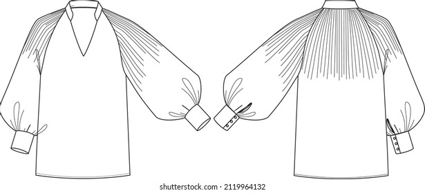 Fashion Illusration. Pleated Blouse With Long Sleeves. Technical Drawing.