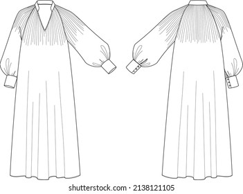 Fashion illusration. Pleated dress with long sleeves. Technical drawing.