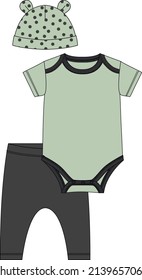 Fashion illusration. Technical sketch. Newborn baby fashion set: hat and suit