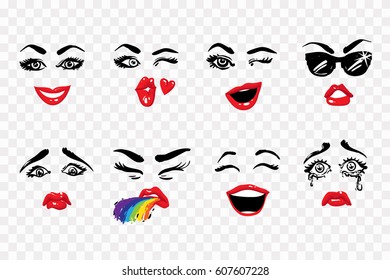 Fashion illustrated women's emotional faces: kissing wink, wink, sunglasses, laugh, puke, cry, sad, smile. Woman vector emoticons, emoji, smiley icons, characters.