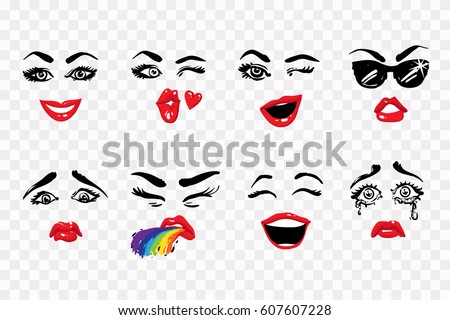 Fashion illustrated women's emotional faces: kissing wink, wink, sunglasses, laugh, puke, cry, sad, smile. Woman vector emoticons, emoji, smiley icons, characters.