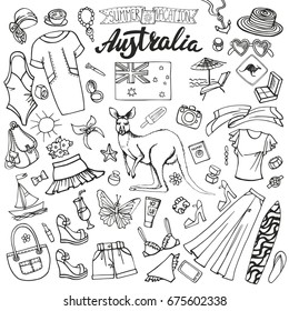 Fashion illustration. Australia Vector Women summer vacation.Dress,clothes,accessories. Hand drawing fashionable doodle background,summer party set.