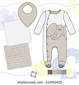 Fashion Illustration of Baby Boys' Outfit with Elephant / Two repeat patterns saved in Pattern Swatches for textile and paper product / Isolated flat sketches and design elements in separate layers