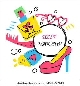 Fashion illustration background. Doodle design elements. Perfume, lipstick, nail Polish, mascara. Cosmetics and glamorous lifestyle.
