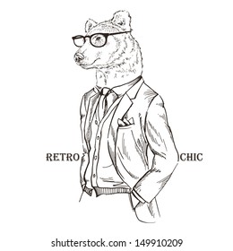 Fashion Illustration of Bear dressed in Vintage Style, Retro Chic, Vector Image