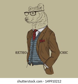 Fashion Illustration of Bear dressed in Vintage Style, Retro Chic, Vector Image