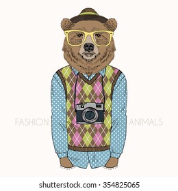 fashion illustration of bear hipster with camera