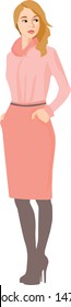 Fashion Illustration - beautiful blonde woman in pink pencil skirt business woman