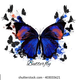 Fashion illustration with beautiful butterfly and ink spots, grunge style