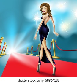 Fashion Illustration Of Beautiful Elegant Woman On The Red Carpet With Flash Photography In The Background. Perhaps A  Celebrity At An Exclusive Premier.