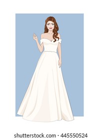 Fashion illustration of beautiful and feminine brunette bride with happy face in stylish wedding dress,vector