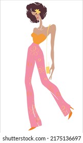 Fashion illustration of a beautiful girl. Colorful street fashion illustration. Retro style. Magazine vector illustration. Print design.