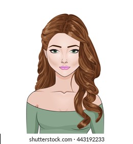 Fashion illustration of beautiful girl with long brunette hair,stylish curly hairstyle and green eyes,vector