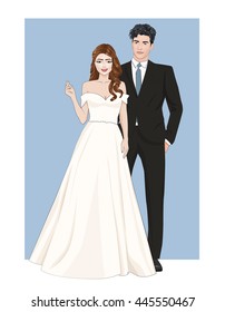 Fashion illustration of beautiful happy wedding couple,brunette bride in stylish wedding dress and handsome brunette groom with curly hairstyle in ceremonial suit,vector