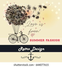 Fashion illustration or beautiful save the date card with dandelions and retro bicycle. Summer love