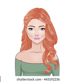 Fashion illustration of beautiful woman with long ginger hair,stylish curly hairstyle and green eyes,vector