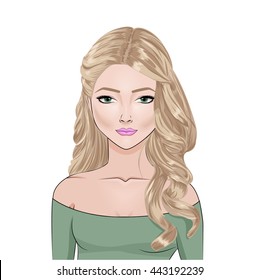 Fashion illustration of beautiful woman with long blond hair,stylish curly hairstyle and green eyes,vector